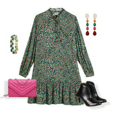 Style this multi color printed dress with these colorful accessories for a great outing