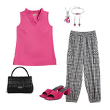Style Black & White check joggers and contrast ruffle top with these accessories