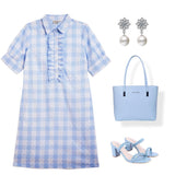 Try these recommended accessories to go with ruffle trim check dress