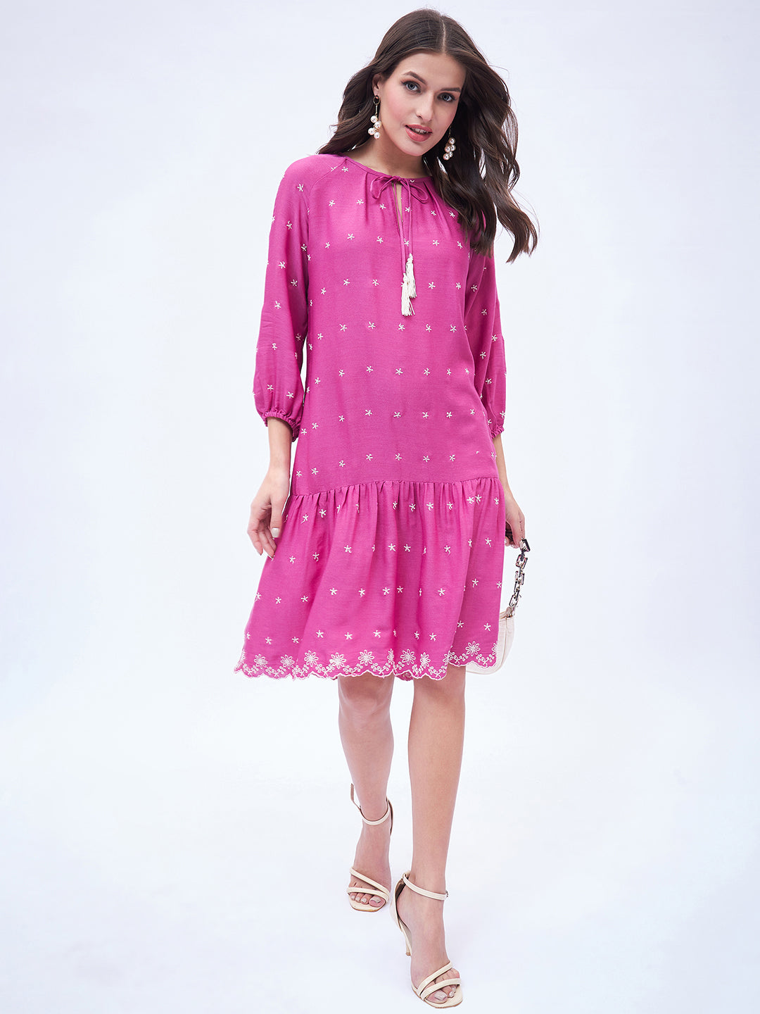 3/4 SLEEVE EMBROIDERED PEASENT DRESS
