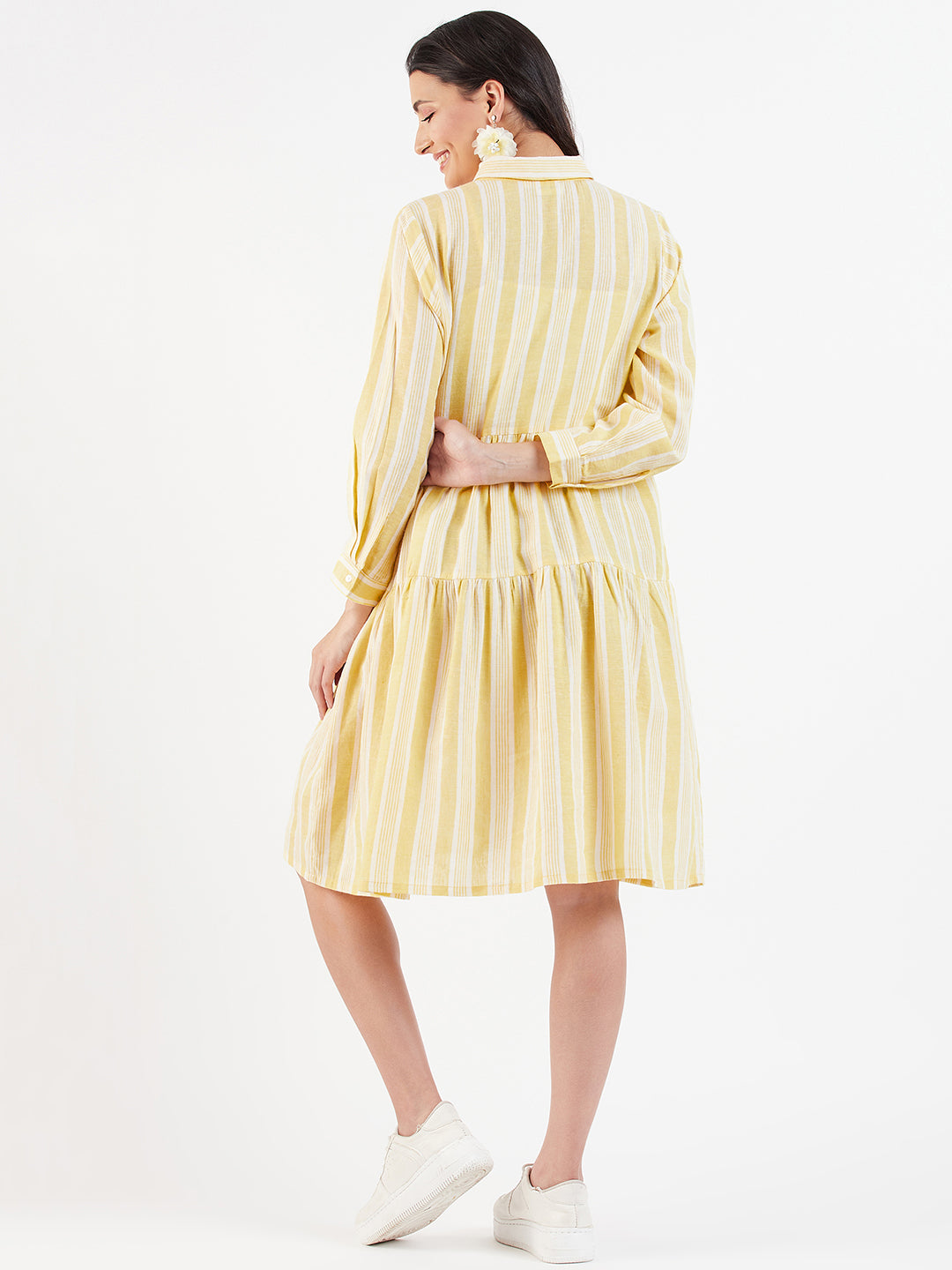 STRIPED COLLAR TIERED DRESS WITH POCKETS