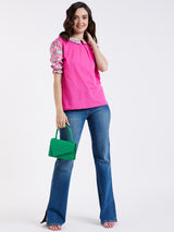 PINK TEE WITH CONTRAST FLORAL SLEEVES