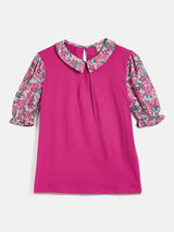 PINK TEE WITH CONTRAST FLORAL SLEEVES