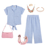 Style this blue linen cord set with shades of pink