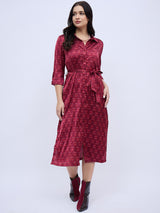 BURGUNDY PRINTED SHIRTDRESS WITH POCKETS