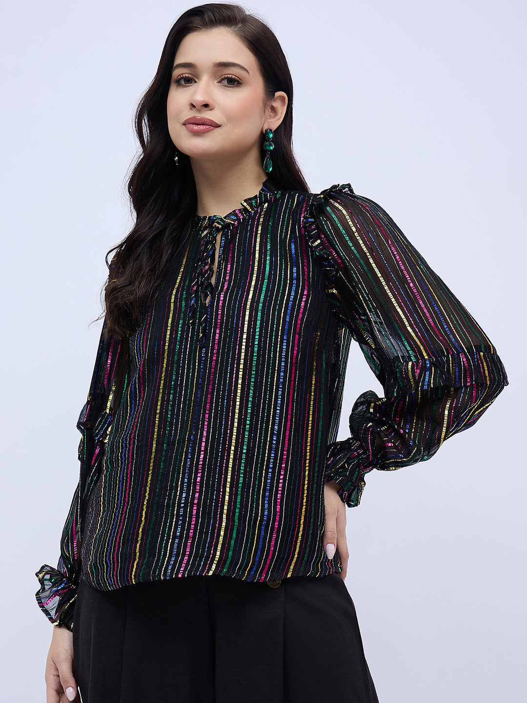 RUFFLE TRIM SHINNY STRIPE  BLOUSE