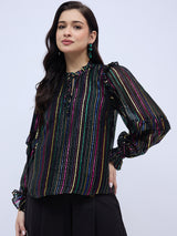 RUFFLE TRIM SHINNY STRIPE  BLOUSE