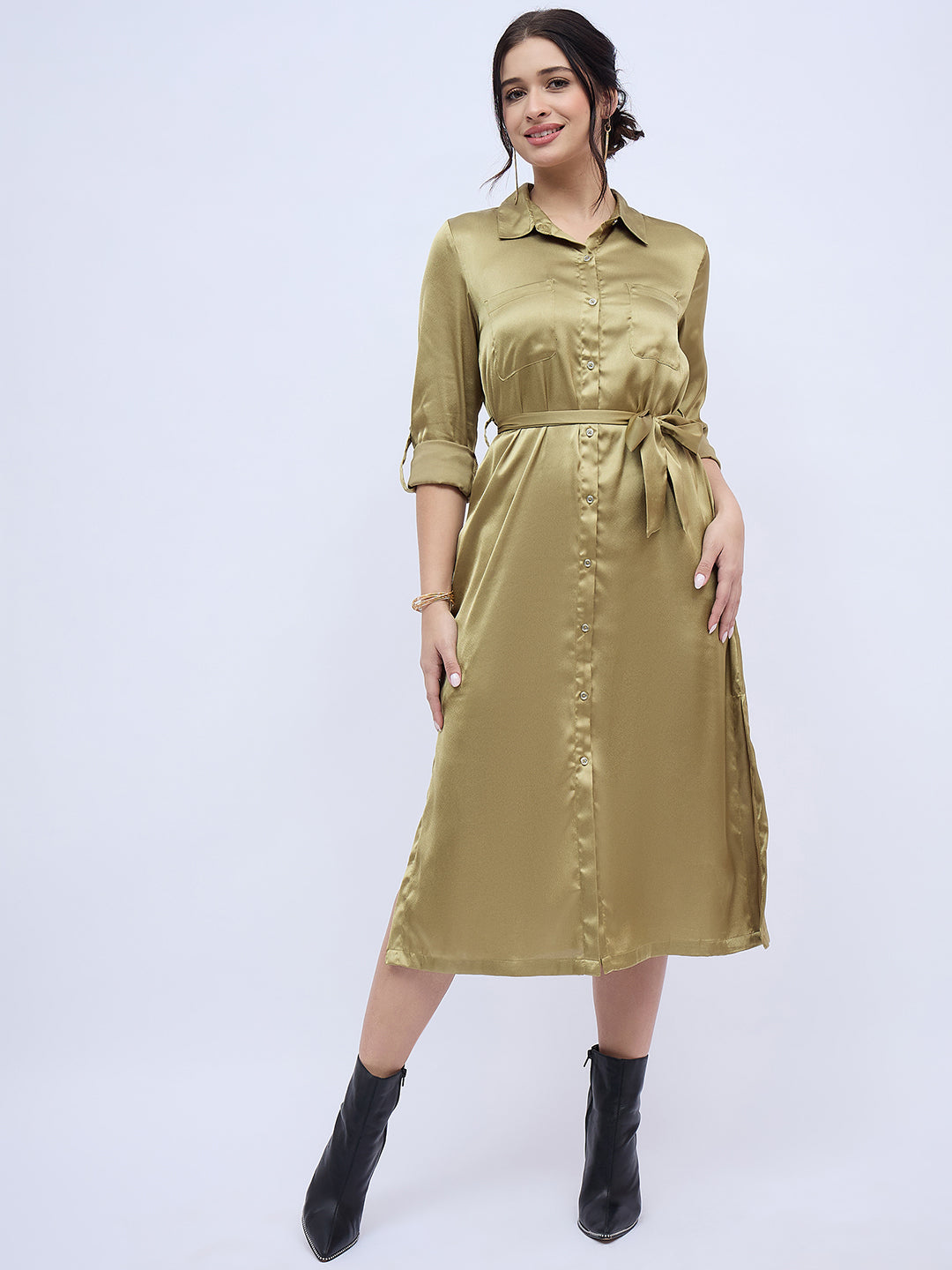 OLIVE GREEN SHIRTDRESS WITH WAIST TIE