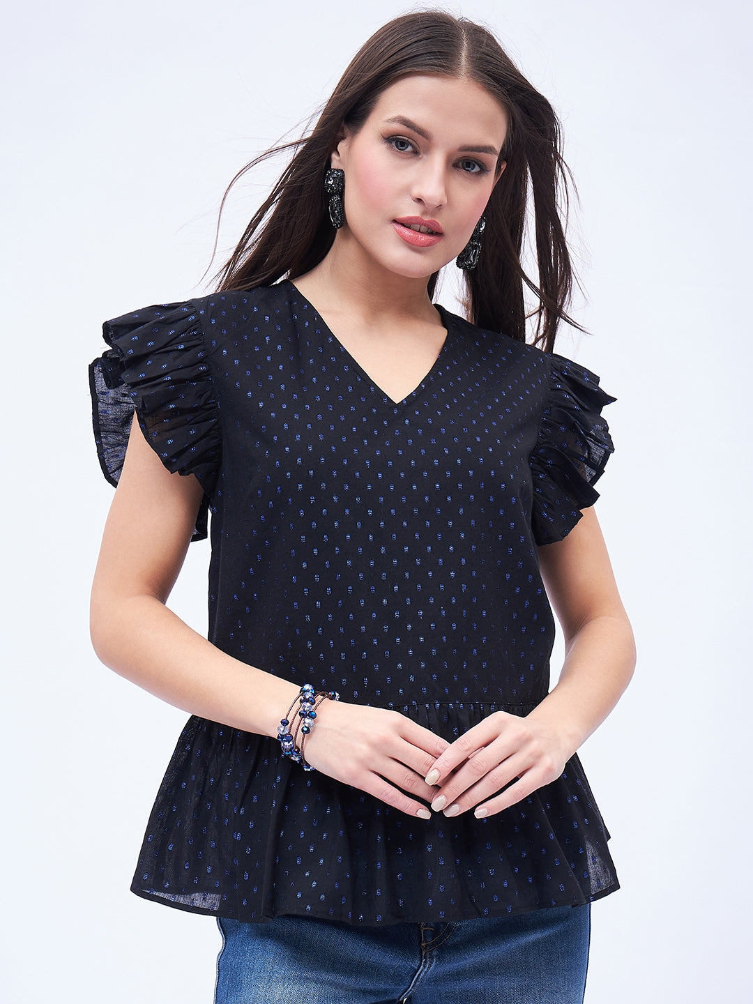 SPLIT NECK, RUFFLE SLEEVE PEPLUM