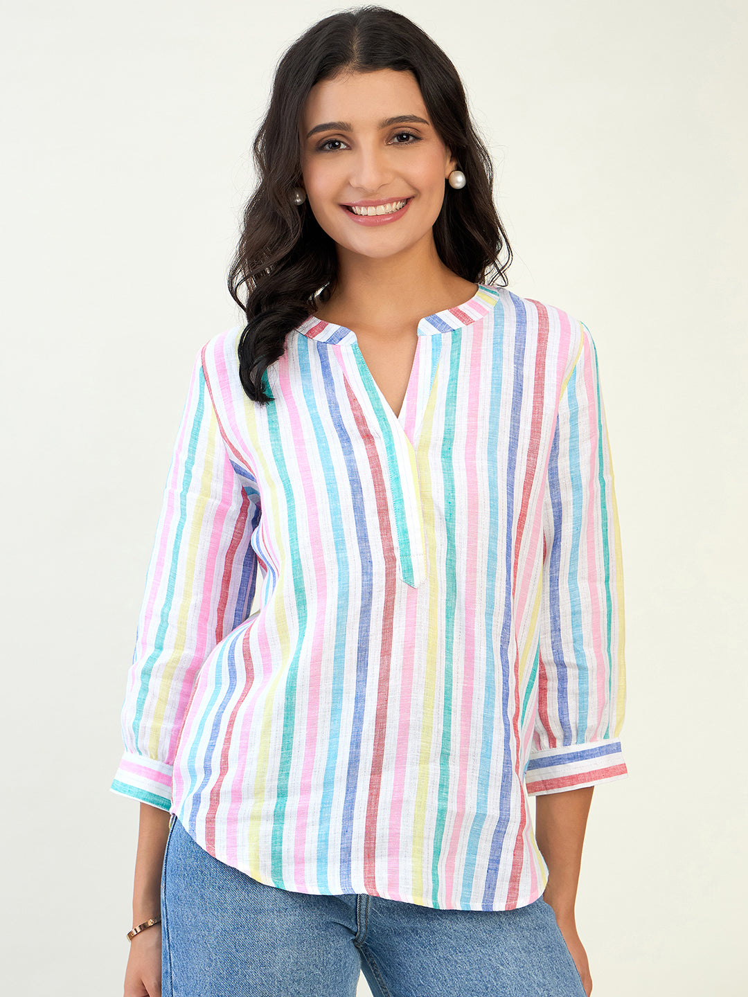 Split neck 3/4 sleeve multi stripe top