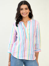 Split neck 3/4 sleeve multi stripe top