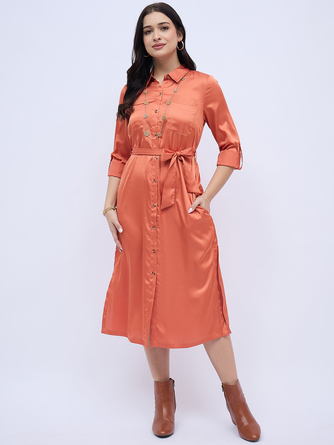 RUST SHIRTDRESS WITH WAIST TIE