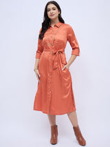 RUST SHIRTDRESS WITH WAIST TIE