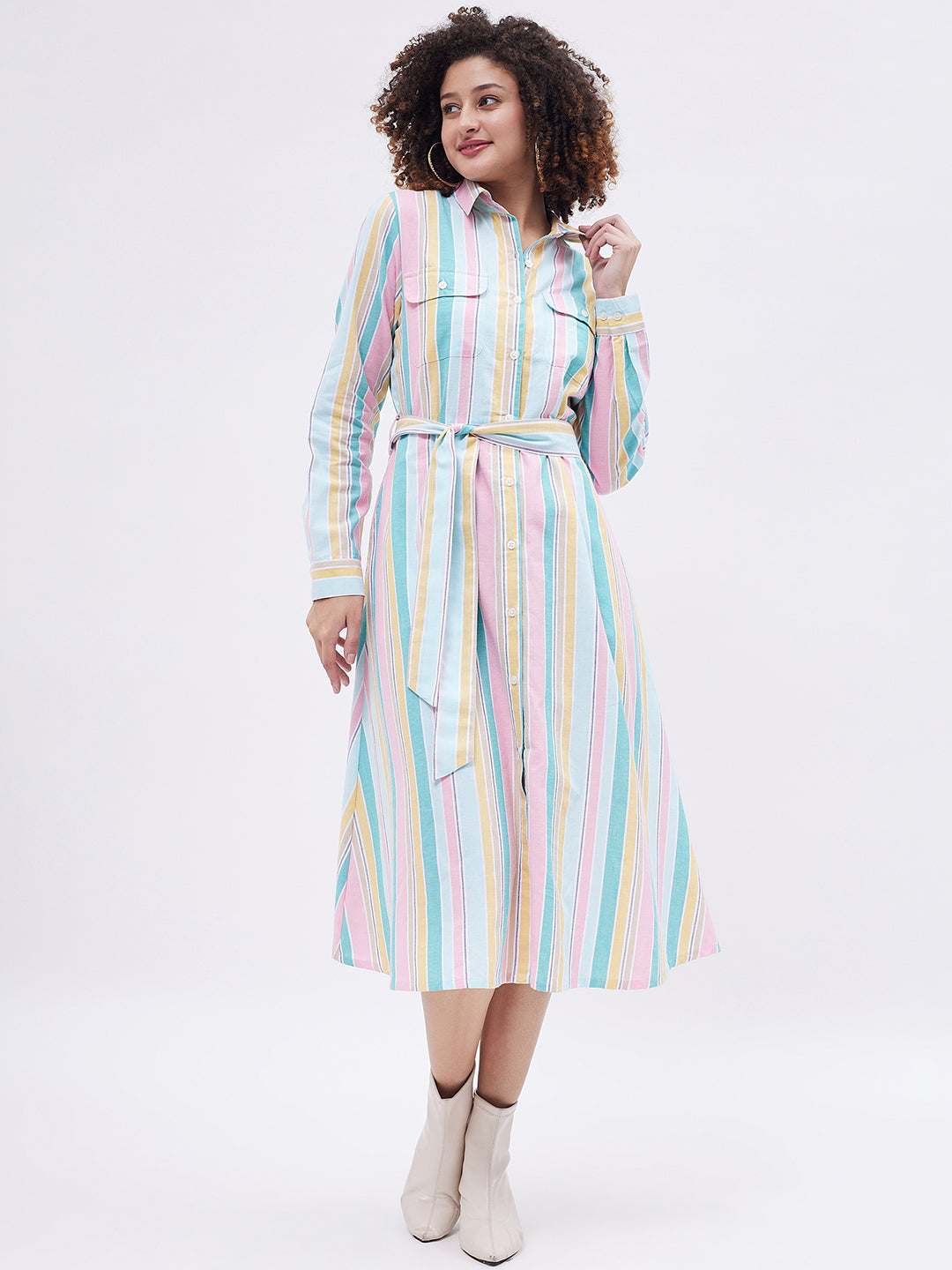 FIT & FLARE MULTI STRIPE SHIRTDRESS