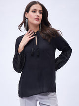 SPLIT NECK PEASENT STYLE TOP WITH TASSELS