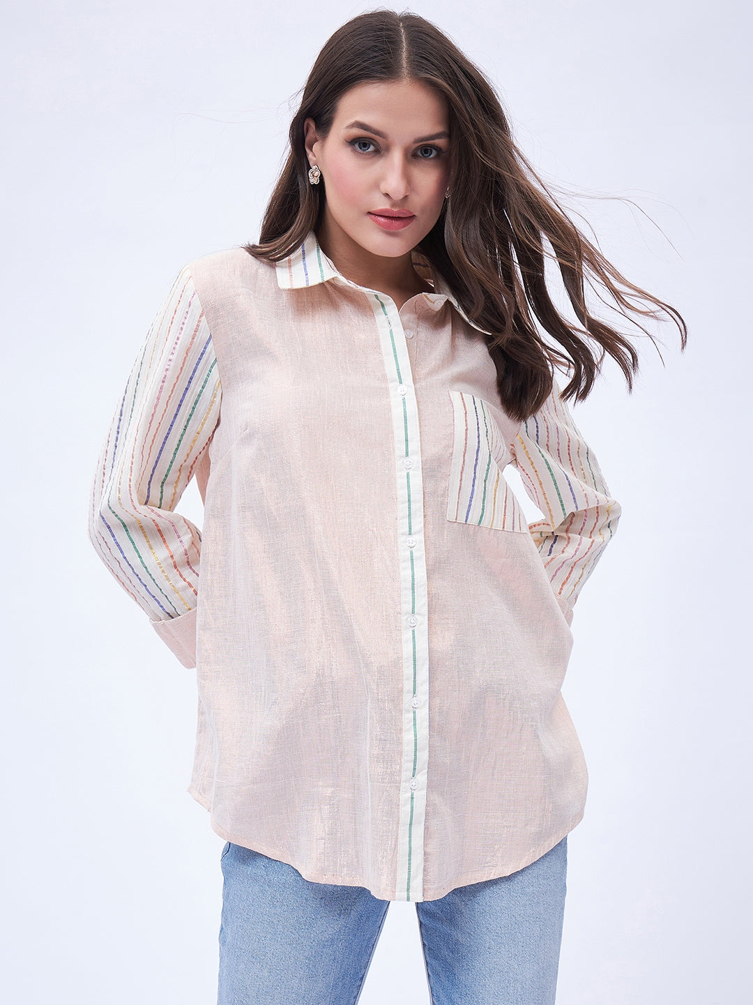 MIX AND MATCH METALLIC BUTTON DOWN SHIRT