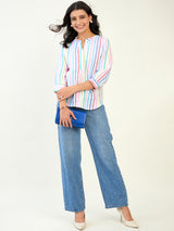Split neck 3/4 sleeve multi stripe top