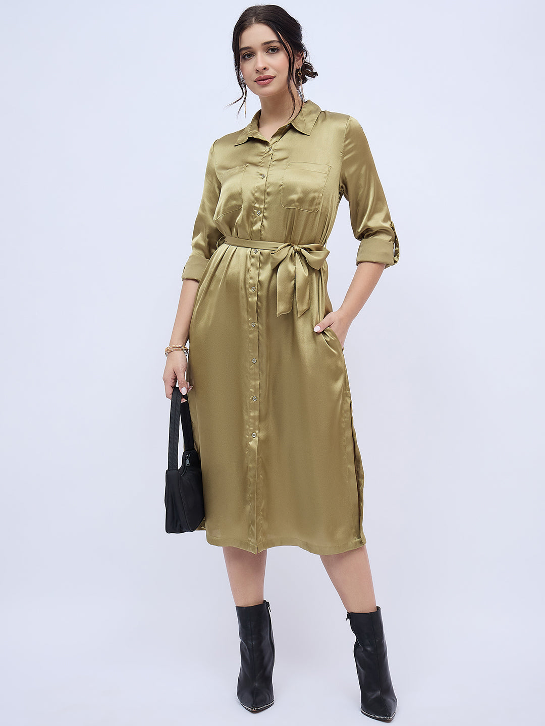 OLIVE GREEN SHIRTDRESS WITH WAIST TIE