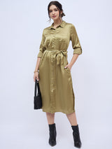 OLIVE GREEN SHIRTDRESS WITH WAIST TIE