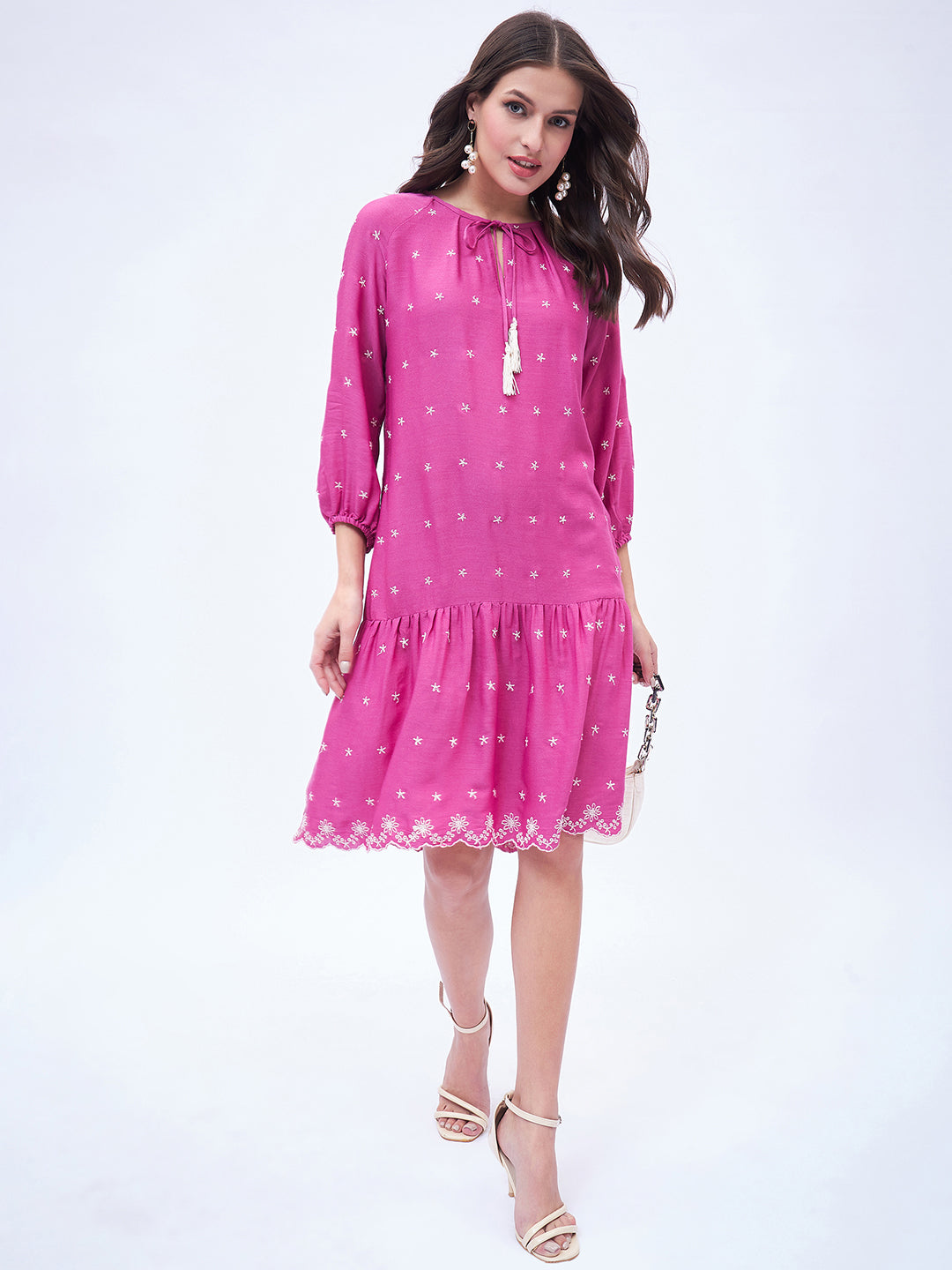 3/4 SLEEVE EMBROIDERED PEASANT DRESS