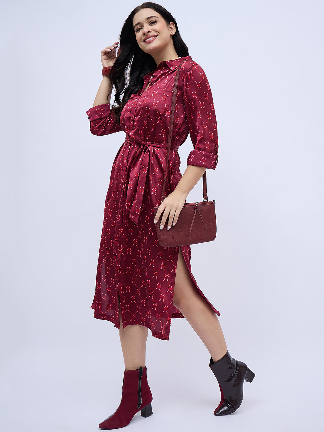 BURGUNDY PRINTED SHIRTDRESS WITH POCKETS