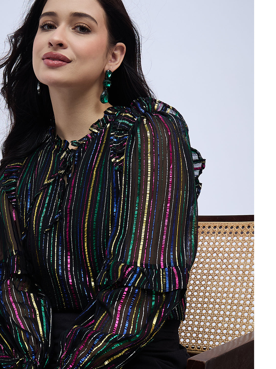 RUFFLE TRIM SHINNY STRIPE  BLOUSE