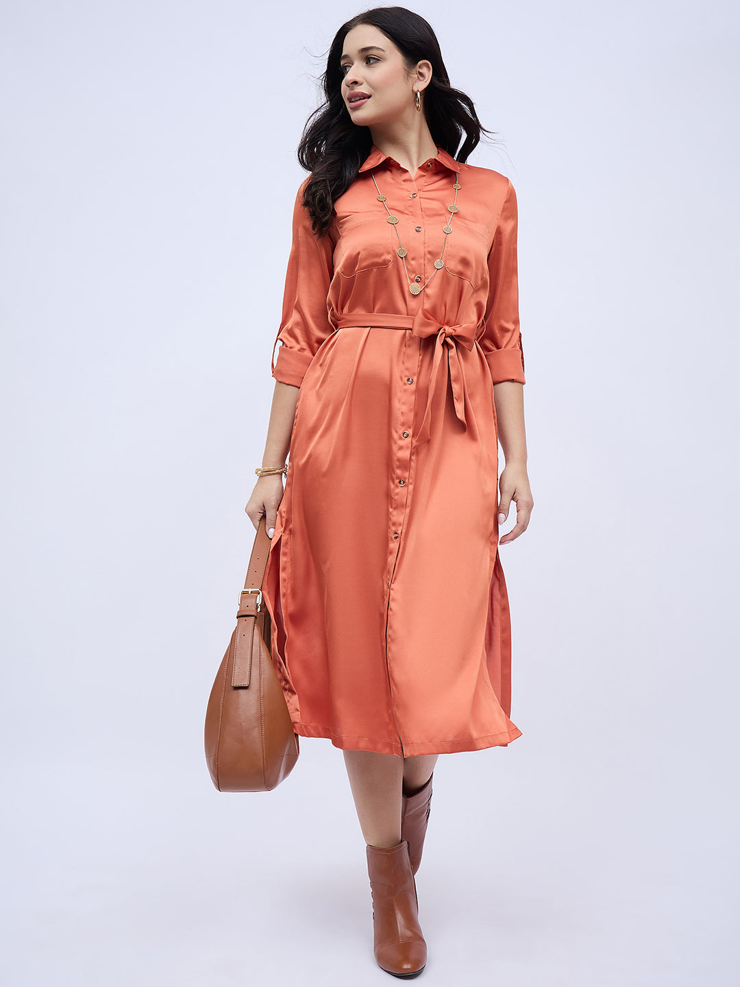 RUST SHIRTDRESS WITH WAIST TIE