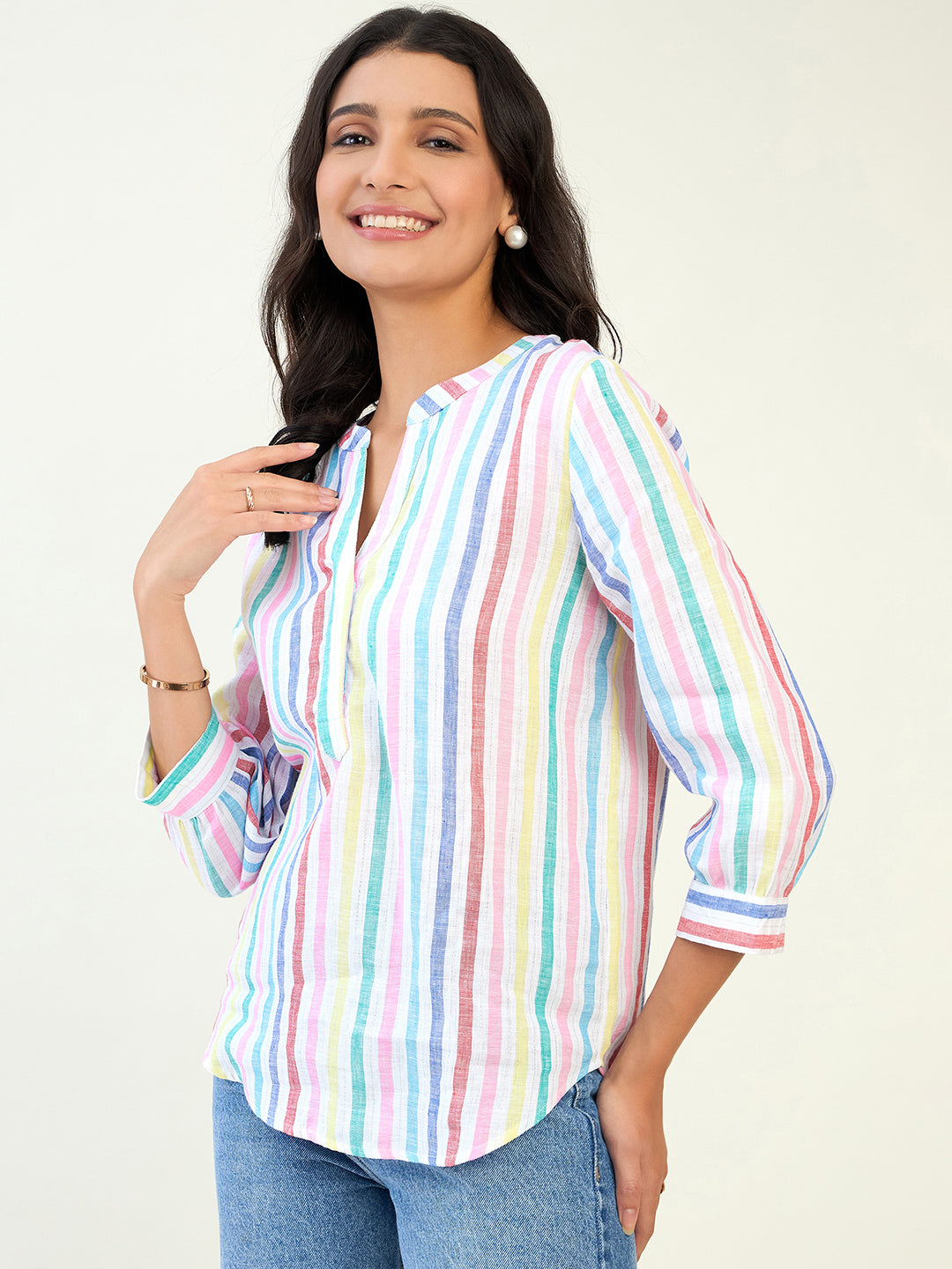 Split neck 3/4 sleeve multi stripe top