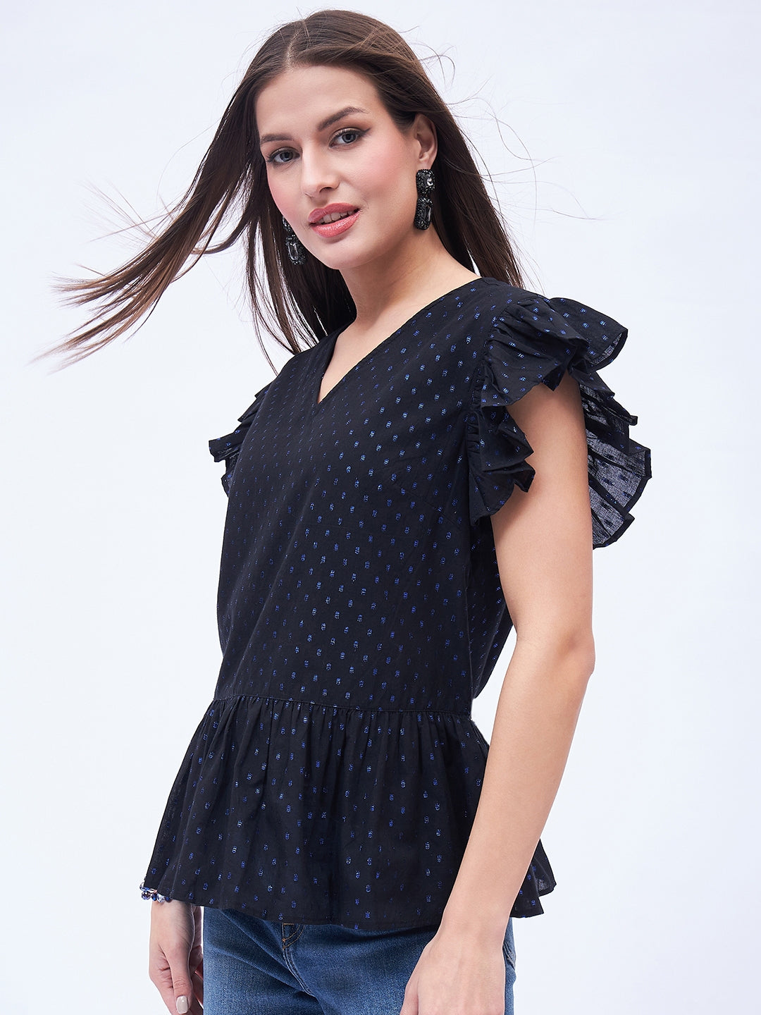 SPLIT NECK, RUFFLE SLEEVE PEPLUM