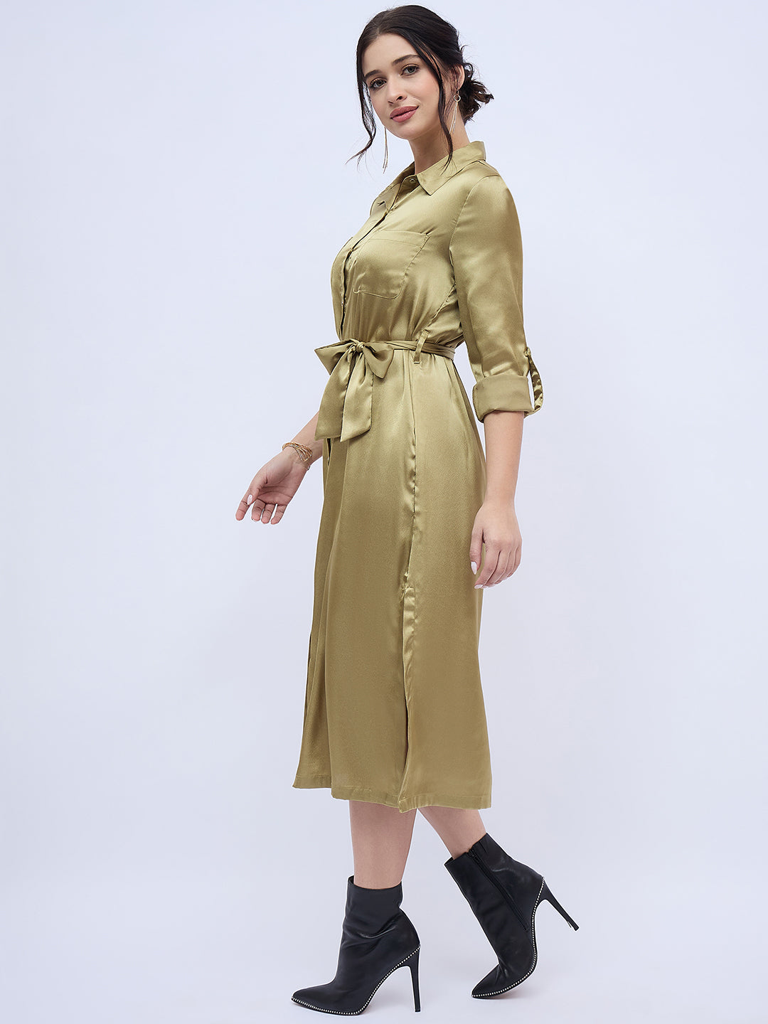 OLIVE GREEN SHIRTDRESS WITH WAIST TIE