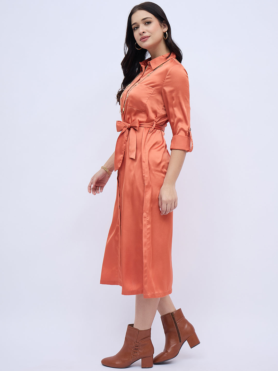 RUST SHIRTDRESS WITH WAIST TIE