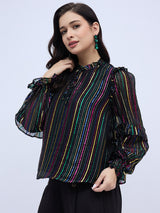 RUFFLE TRIM SHINNY STRIPE  BLOUSE