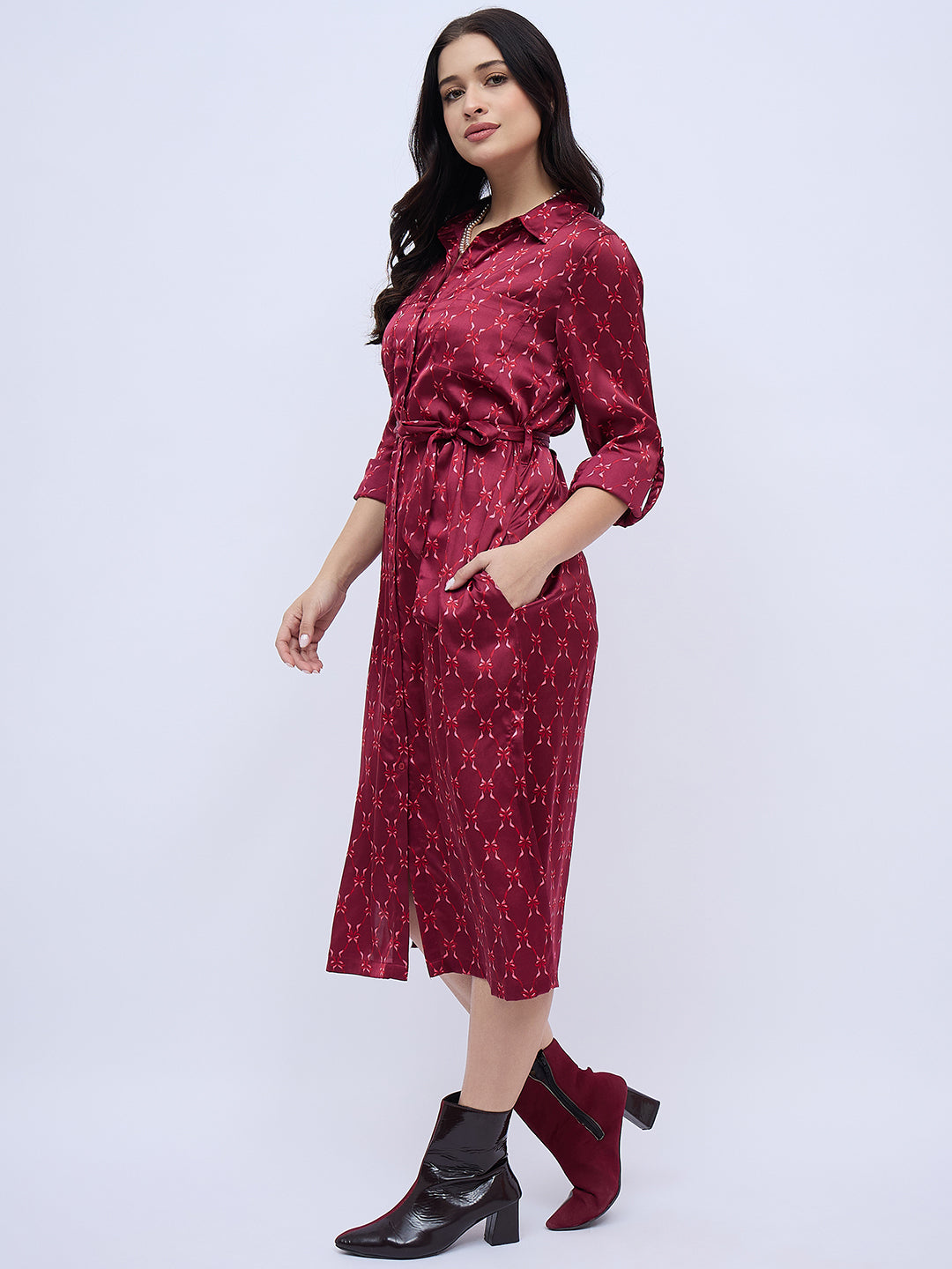 BURGUNDY PRINTED SHIRTDRESS WITH POCKETS