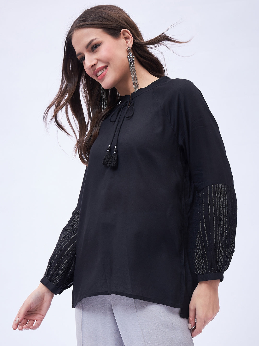 SPLIT NECK PEASENT STYLE TOP WITH TASSELS