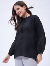 SPLIT NECK PEASENT STYLE TOP WITH TASSELS