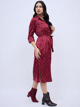 BURGUNDY PRINTED SHIRTDRESS WITH POCKETS