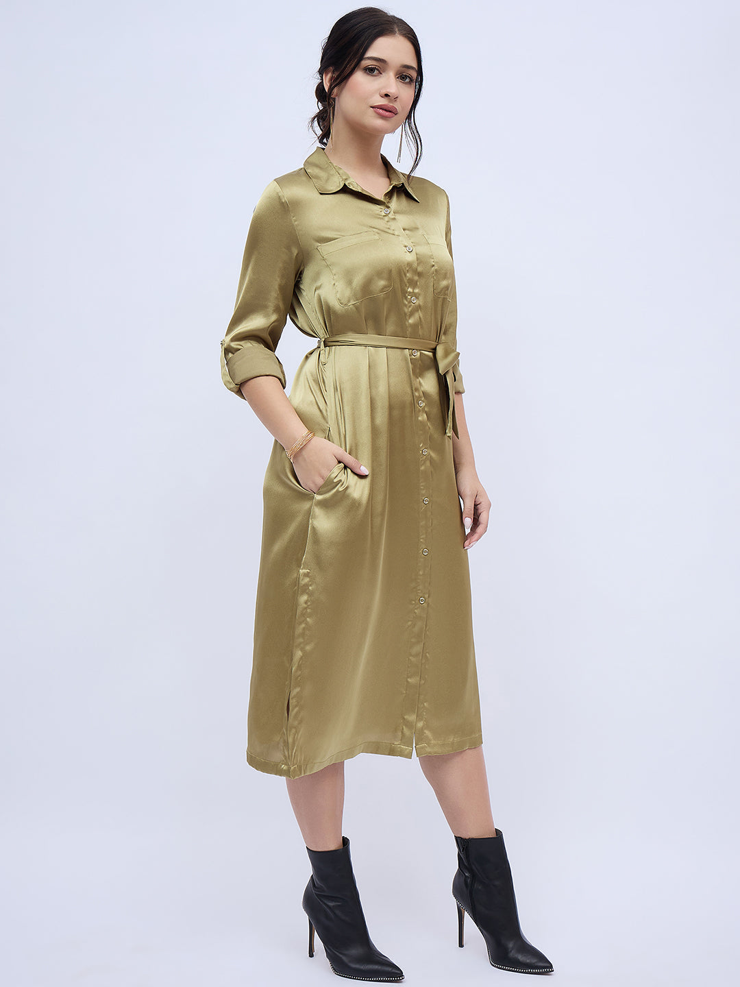 OLIVE GREEN SHIRTDRESS WITH WAIST TIE