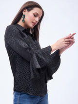 FLORAL JACQUARD FLARE SLEEVE SHIRT