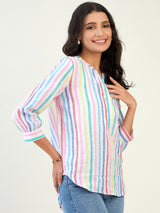 Split neck 3/4 sleeve multi stripe top