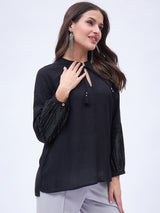 SPLIT NECK PEASENT STYLE TOP WITH TASSELS