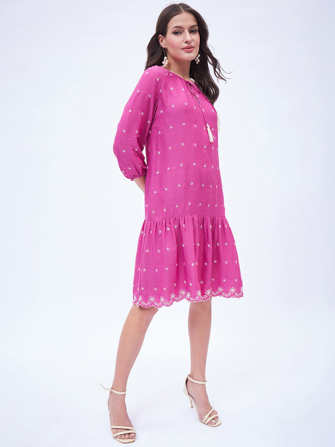 3/4 SLEEVE EMBROIDERED PEASENT DRESS