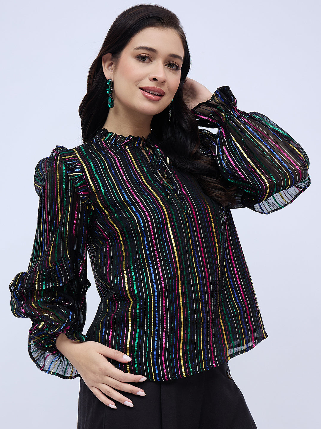 RUFFLE TRIM SHINNY STRIPE  BLOUSE