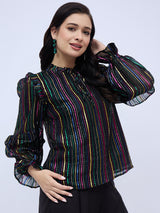 RUFFLE TRIM SHINNY STRIPE  BLOUSE