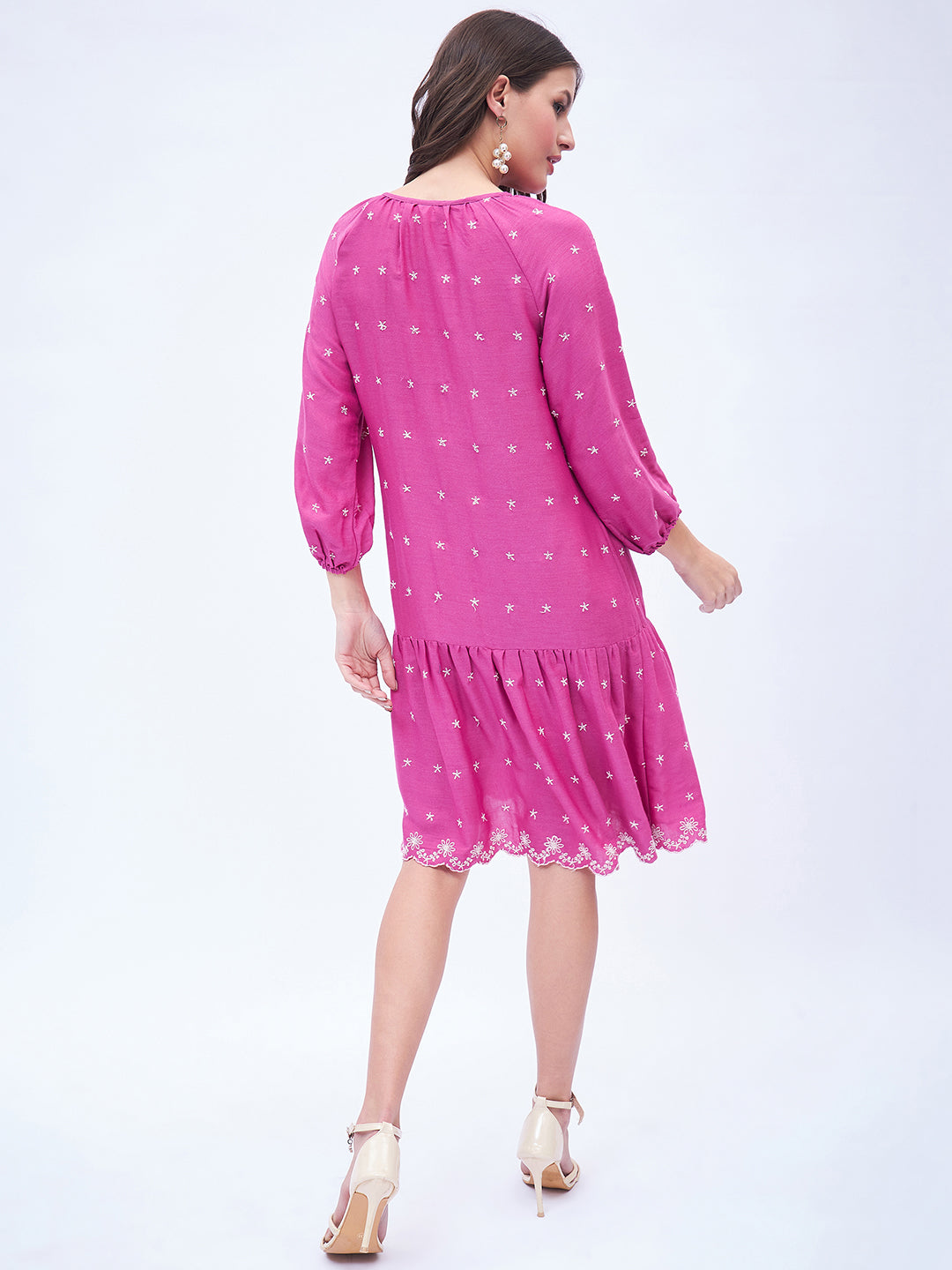 3/4 SLEEVE EMBROIDERED PEASENT DRESS