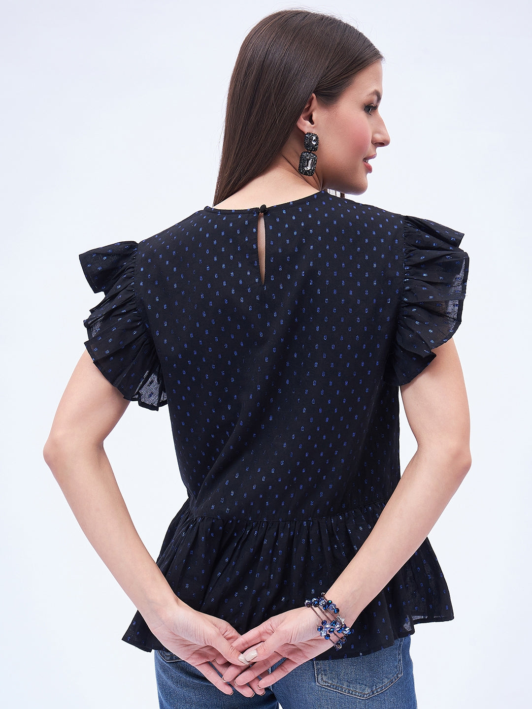 SPLIT NECK, RUFFLE SLEEVE PEPLUM