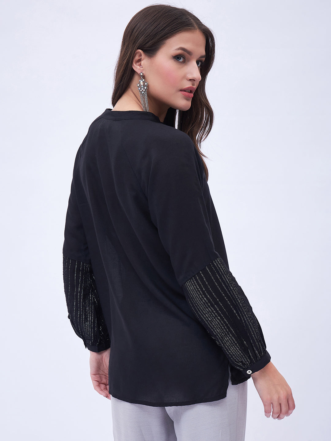 SPLIT NECK PEASENT STYLE TOP WITH TASSELS