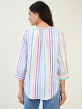 Split neck 3/4 sleeve multi stripe top