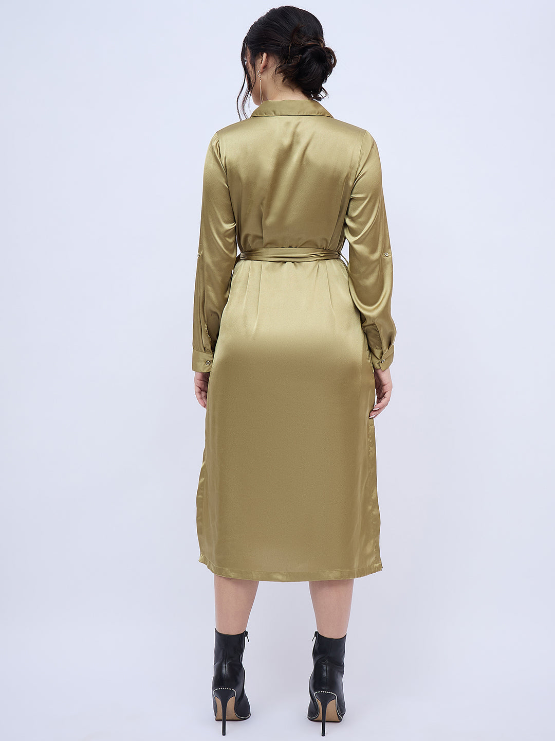 OLIVE GREEN SHIRTDRESS WITH WAIST TIE