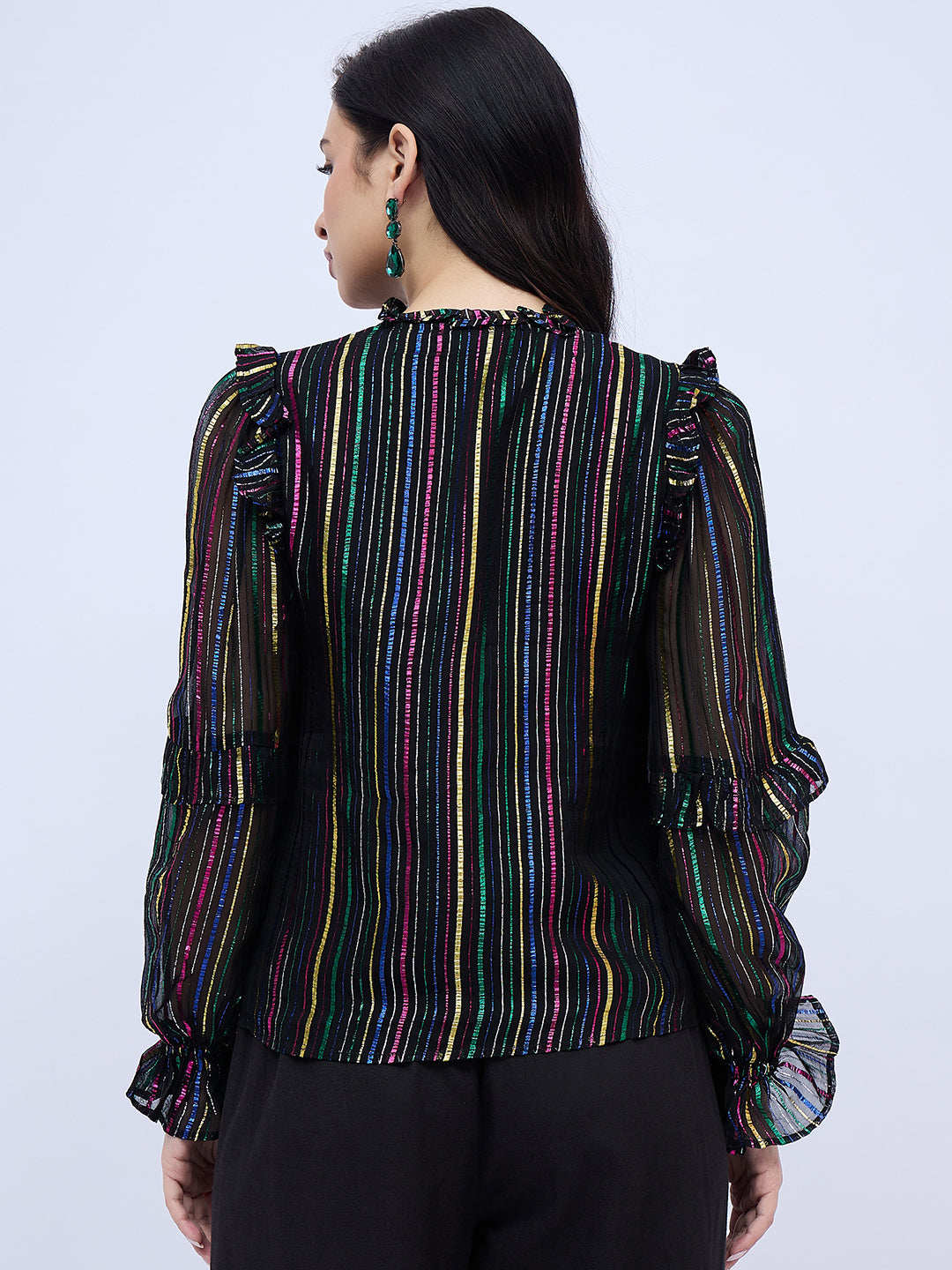 RUFFLE TRIM SHINNY STRIPE  BLOUSE