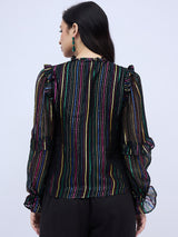 RUFFLE TRIM SHINNY STRIPE  BLOUSE